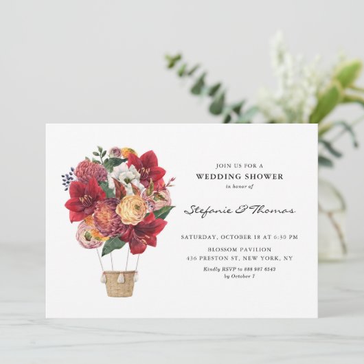 Red Blume Hot Air Ballon Polterabend Einladung (Stehend Vorderseite)