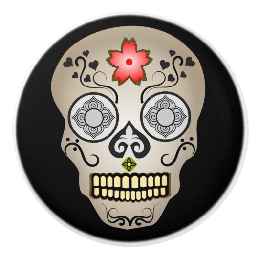 Red Blume Sugar Skull Keramikknauf (Vorderseite)