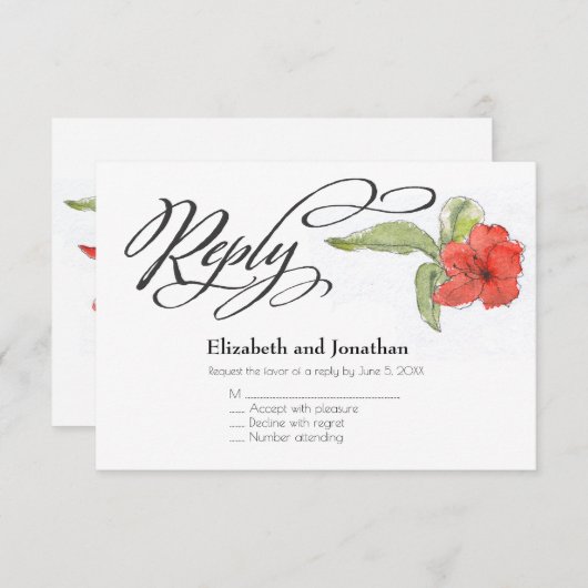 Red Blume Watercolor Script Hochzeitskarte Einladung (Vorne/Hinten)