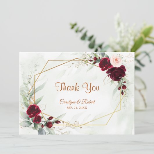 Red Blush Burgundy Goldene Grüne Hochzeit Dankeskarte (Stehend Vorderseite)