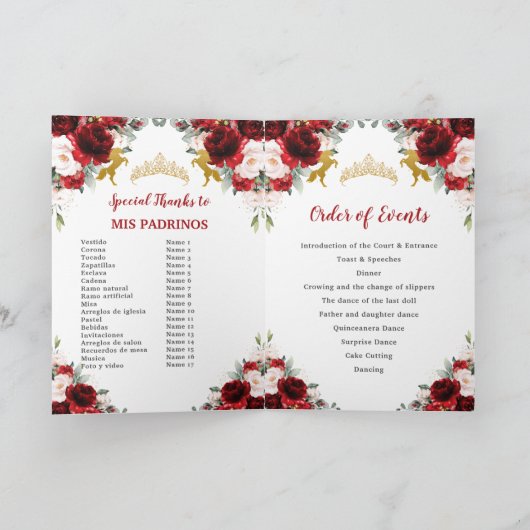 Red Blush Floral Charro Quinceñera Orchesterverans Programm (Innenseite)