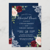 Red Blush Floral Lace Navy Blue Probe Dinner Einladung (Vorne/Hinten)
