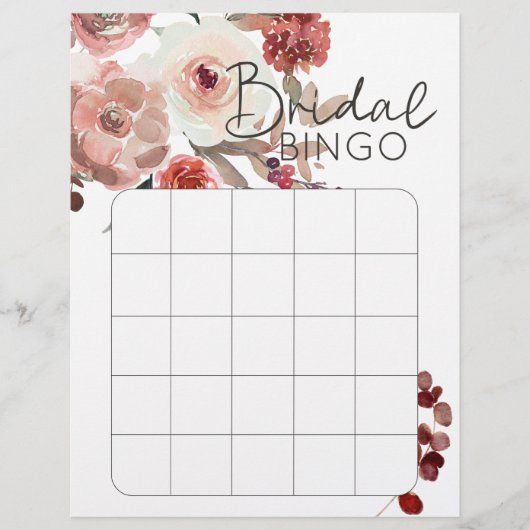 Red Blush Floral Rose Brautparty Bingo (Vorderseite)