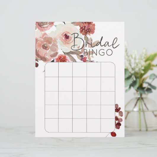 Red Blush Floral Rose Brautparty Bingo (Stehend Vorderseite)