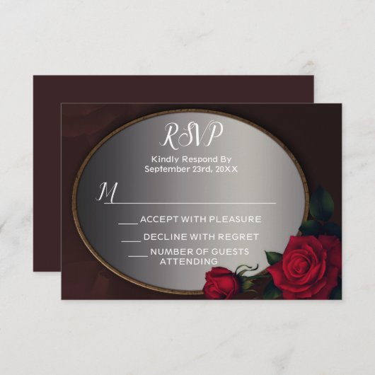 Red Blush Floral Silver Gray Mirror RSVP Karte (Vorne/Hinten)