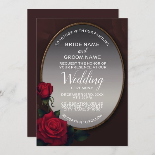 Red Blush Floral Silver Gray Mirror Wedding Einladung (Vorne/Hinten)