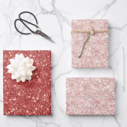 Red Blush Pink Sparkle Glitter Christmas Geschenkpapier Set (Vorderseite)