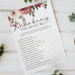 Red Blush Rose Game, die Braut am besten kennt Flyer<br><div class="desc">Wer kennt das Bride Best Brautparty Spiel? Aquarell Rot und Blütenblau. In unserem Zazzle-Shop finden Sie passende Artikel,  um Ihre Veranstaltungskollektion abzuschließen!</div>