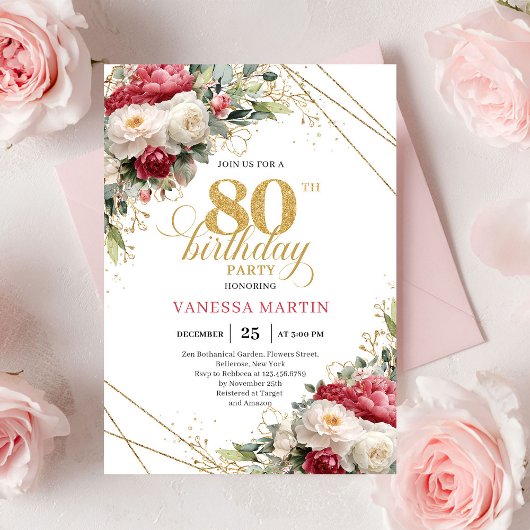 Red blush roses 80th birthday invitation with gold einladung
