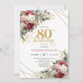 Red blush roses chic gold accent card 80th birthda einladung (Vorderseite)