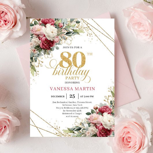 Red blush roses chic gold accent card 80th birthda einladung