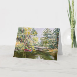Red Boat in Mountain Lake Aquarell Angelkarte Dankeskarte