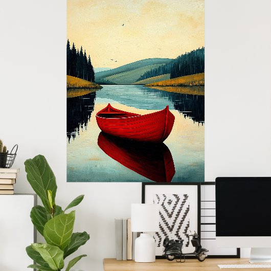 Red Boat Reflection - Naïf Serene Lake Art Poster (Heimbüro)