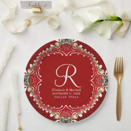 Red Bohemisch Batik Monogram V2 Wedding Pappteller