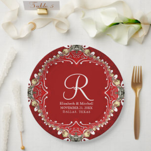 Red Bohemisch Batik Monogram V2 Wedding Pappteller
