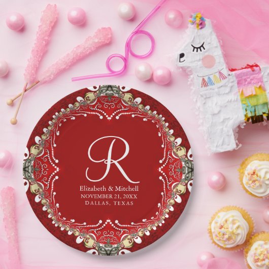 Red Bohemisch Batik Monogram V2 Wedding Pappteller (Party)