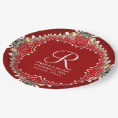 Red Bohemisch Batik Monogram V2 Wedding Pappteller (Schrägansicht)