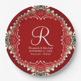 Red Bohemisch Batik Monogram V2 Wedding Pappteller