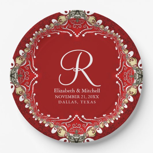 Red Bohemisch Batik Monogram V2 Wedding Pappteller (Vorderseite)