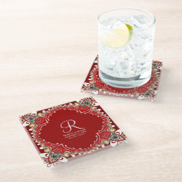 Red Bohemisch Batik Monogram Wedding Glasuntersetzer
