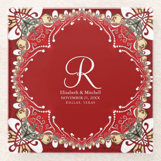 Red Bohemisch Batik Monogram Wedding Glasuntersetzer (Vorderseite)