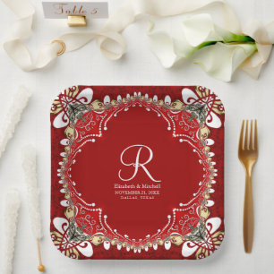 Red Bohemisch Batik Monogram Wedding Pappteller