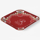 Red Bohemisch Batik Monogram Wedding Pappteller (Gewinkelt)