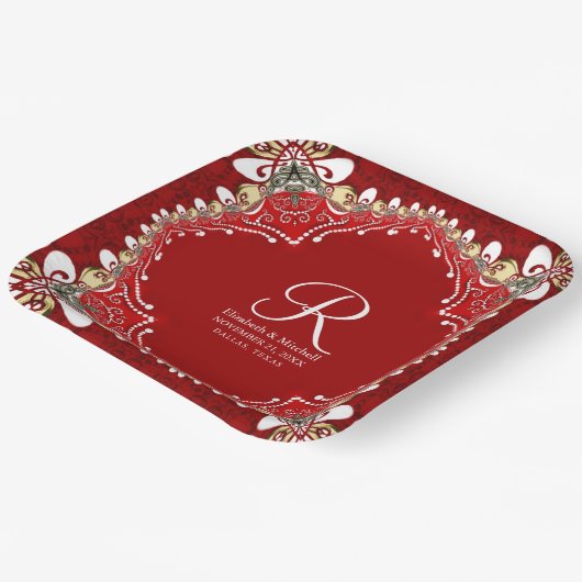 Red Bohemisch Batik Monogram Wedding Pappteller (Gewinkelt)