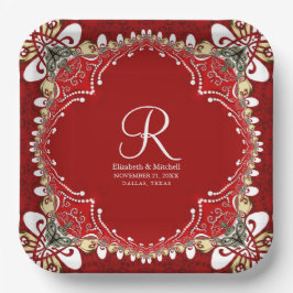 Red Bohemisch Batik Monogram Wedding Pappteller