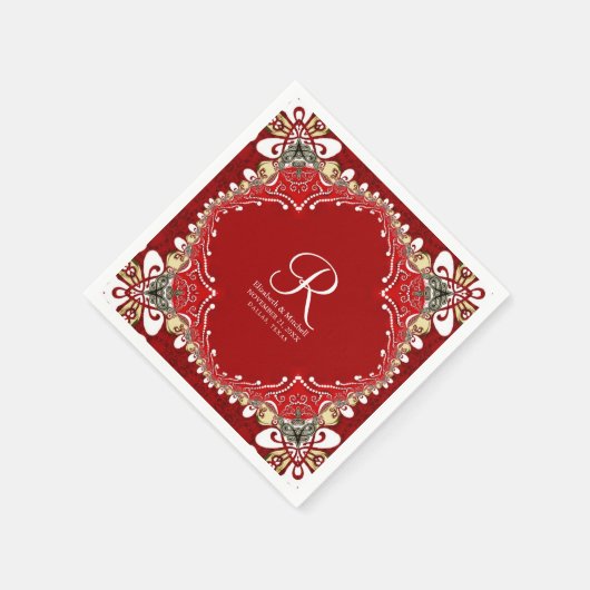 Red Bohemisch Batik Monogram Wedding Serviette (Ecke)