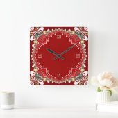 Red Bohemisch Batik Wall Clock Quadratische Wanduhr (Zuhause)
