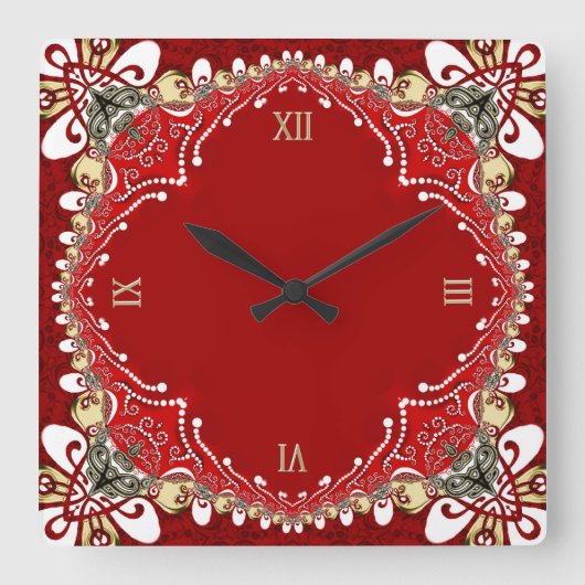 Red Bohemisch Batik Wall Clock Quadratische Wanduhr (Vorderseite)
