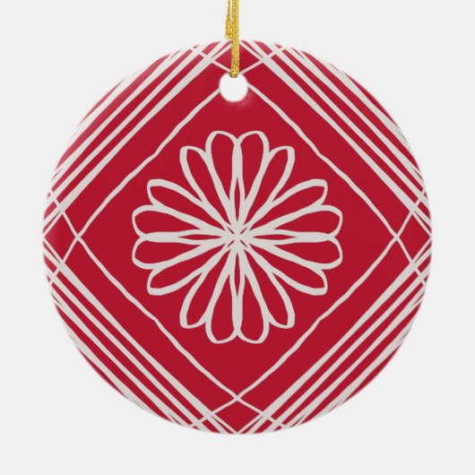 Red Boho Abstrakt Pattern Blume Weihnachtsbaum Keramik Ornament (Hinten)
