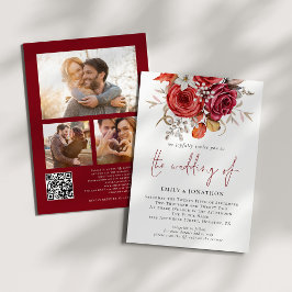 Red Boho Florals 3 Fotos QR Code Wedding Einladung