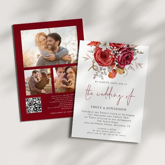 Red Boho Florals 3 Fotos QR Code Wedding Einladung