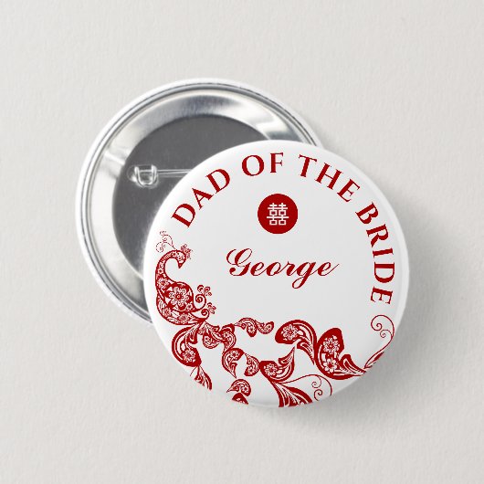Red Boho Peacock Asian Wedding Father of the Bride Button (Vorne & Hinten)