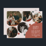 Red Boho Polka Dot Happy Holidays 5 Foto Feiertagspostkarte<br><div class="desc">Diese roter Polosse ist der perfekte Ort für einen Urlaub mit 5-Foto-Ferien-Postkarte, für Ihren modernen böhmischen Landgasthof-inspiriert Urlaub. Der klassische rustikale, aber feine handgezeichnet Schriftart verleiht ihm einen erdigen Vintagen Look und behalte ihn niedlich und einfach. Die Polka-Punkte kommen in Erdtönen wie Rot, Salbei, Rosa, Rosa, Terrakotta, Rost und Bräune....</div>