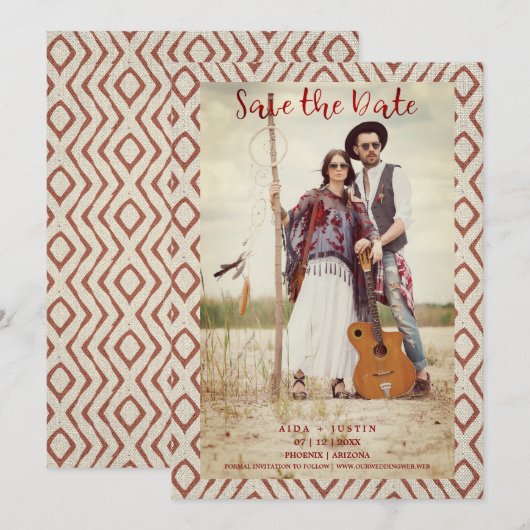 Red Boho Textile Textile Romantische Verlobte Coup Save The Date (Vorne/Hinten)