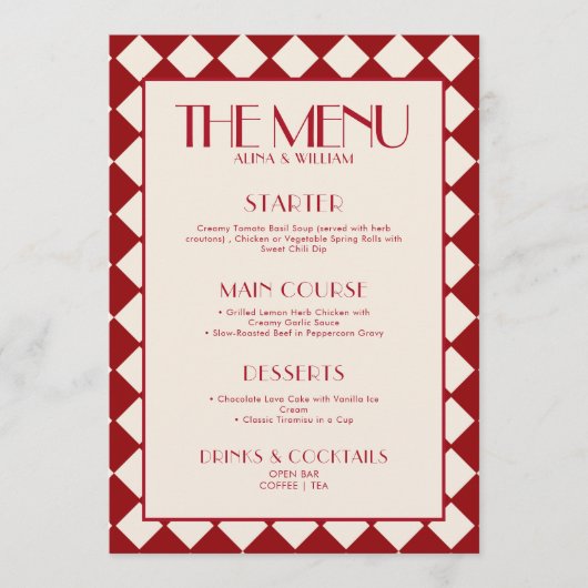 Red Bold Funky Retro Checkerboard Wedding Menu Menükarte (Vorderseite)