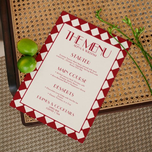 Red Bold Funky Retro Checkerboard Wedding Menu Menükarte