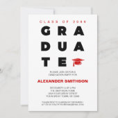 Red Bold GRADUATE Letters and Cap Abschluss Einladung (Vorderseite)