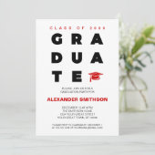 Red Bold GRADUATE Letters and Cap Abschluss Einladung (Stehend Vorderseite)