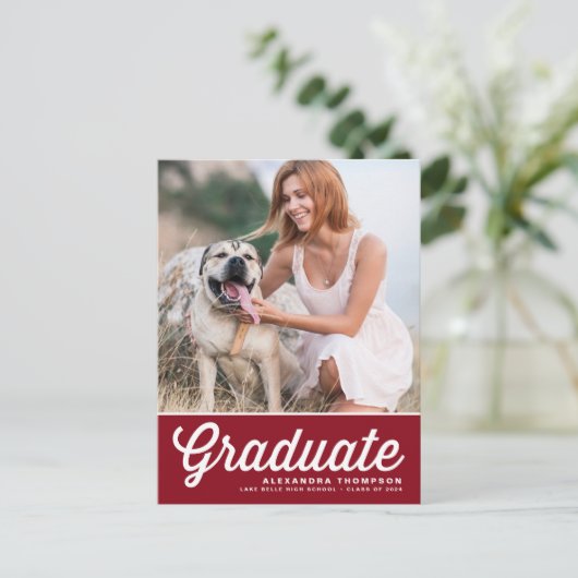 Red Bold Retro Script Foto Abschluss Postkarte (Stehend Vorderseite)