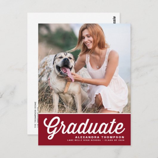 Red Bold Retro Script Foto Abschluss Postkarte (Vorne/Hinten)