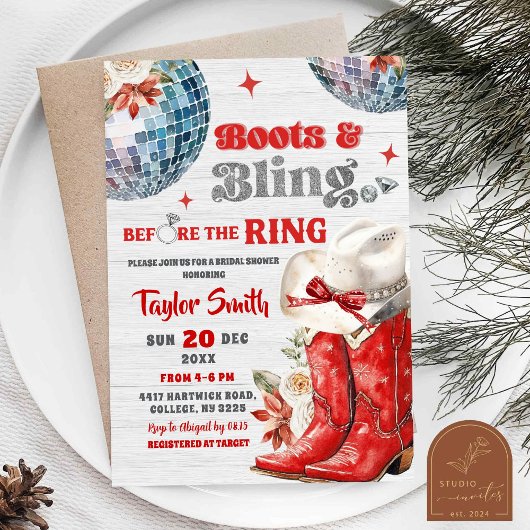 Red Boots und Bling Disco Weihnachts-Brautparty Einladung