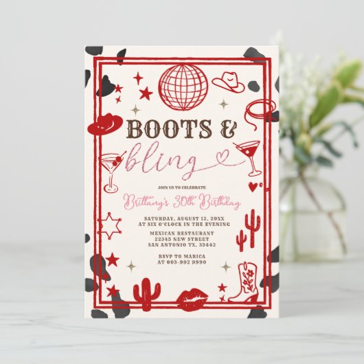 Red Boots und Bling Skin Cowgirl Western Geburtsta Einladung (Stehend Vorderseite)