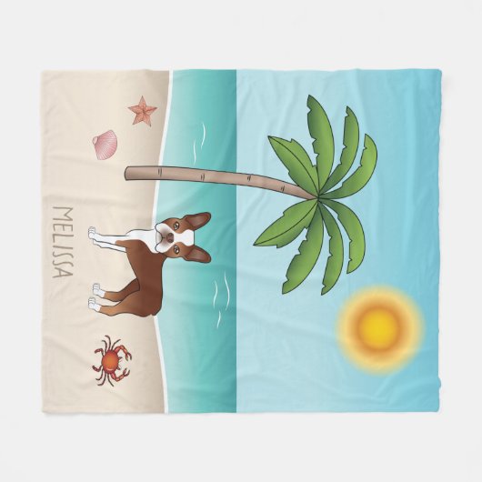 Red Boston Terrier an einem tropischen Sommerstran Fleecedecke (Vorderseite (Horizontal))
