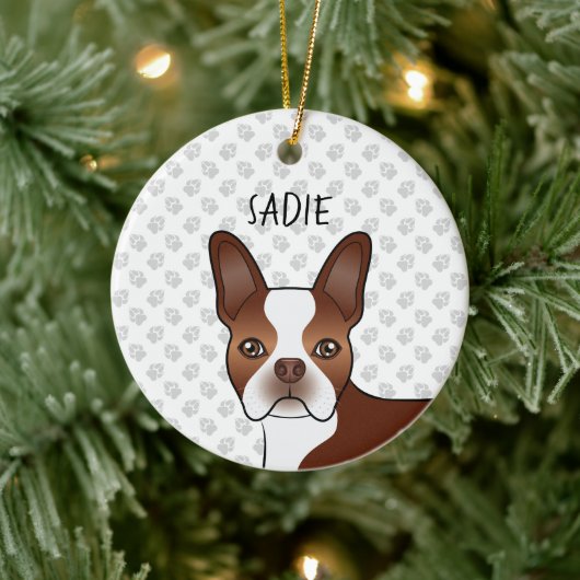 Red Boston Terrier Cartoon Dog Head & Individuelle Keramik Ornament (Baum)