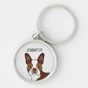Red Boston Terrier Cartoon Dog Head & Your Name Schlüsselanhänger
