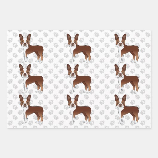 Red Boston Terrier Cartoon Dog Pattern & Grey Paws Geschenkpapier Set (Vorderseite)